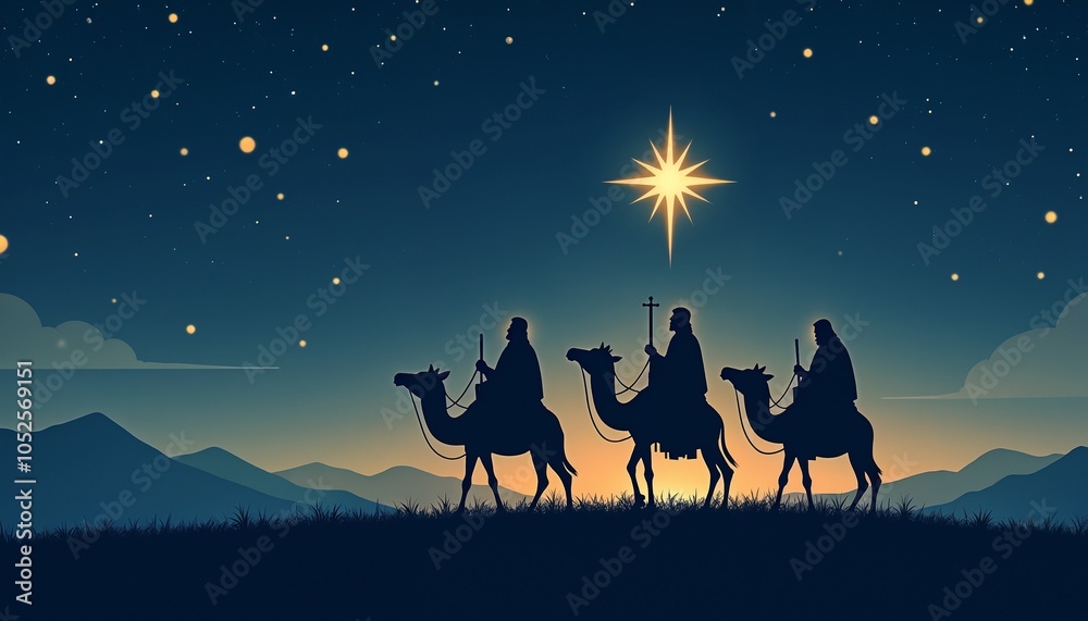 Three silhouetted kings travel on camels towards a bright star, symbolizing their expedition to honor a significant event in a tranquil, mountainous landscape Three silhouetted kings travel on camels towards a bright star, symbolizing their expedition to honor a significant event in a tranquil, mountainous landscape