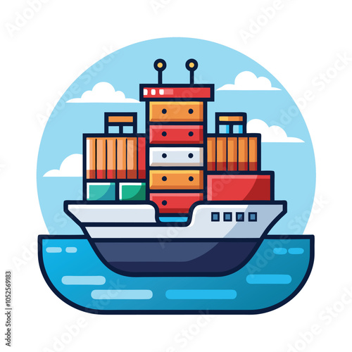 A cartoon illustration of a cargo ship on the ocean.