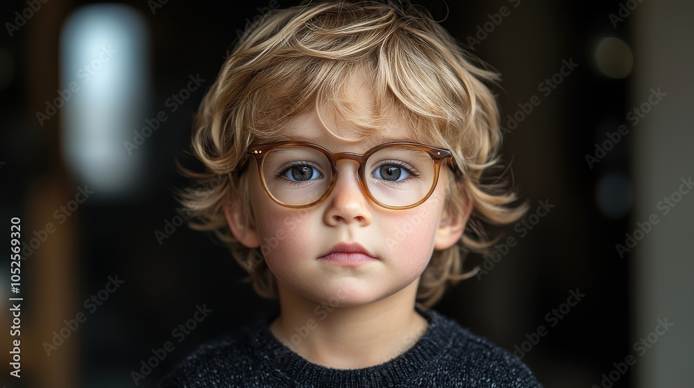 A young child with curly blonde hair and round glasses gazes thoughtfully at the camera in a cozy indoor setting during the afternoon A young child with curly blonde hair and round glasses gazes thoughtfully at the camera in a cozy indoor setting during the afternoon