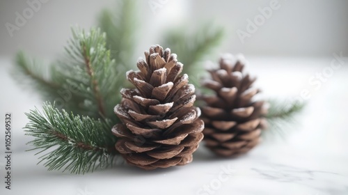 Winter Wonderland Accents: Two pristine pine cones nestled beside a sprig of fresh evergreen, evoke the cozy charm of winter holidays.