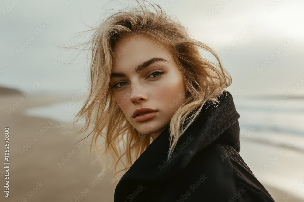 photo of a portrait of a beautiful women with blonde hair and a oversized black jacket standing on the beach , golden hour, soft color photo of a portrait of a beautiful women with blonde hair and a oversized black jacket standing on the beach , golden hour, soft color