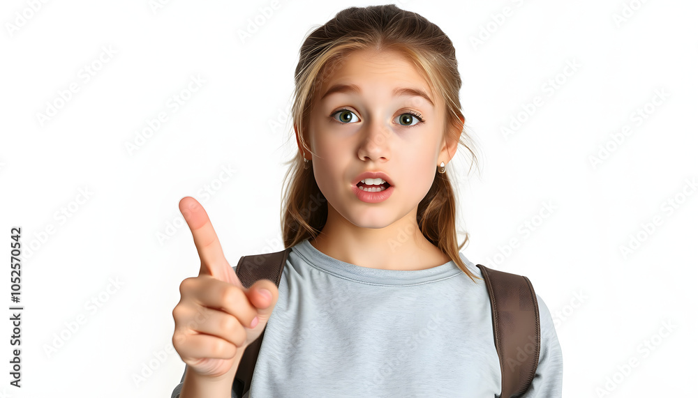 Teenager caucasian girl over isolated background surprised and pointing up isolated with white highlights, png Teenager caucasian girl over isolated background surprised and pointing up isolated with white highlights, png