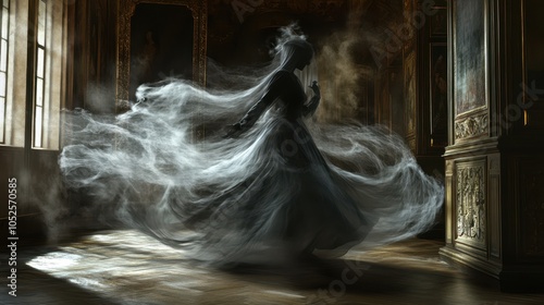 Ghostly figure in a long flowing gown, mist swirling around, dimly lit room, Renaissance style painting, multicolor, octane rendering, photorealistic, highly detailed 