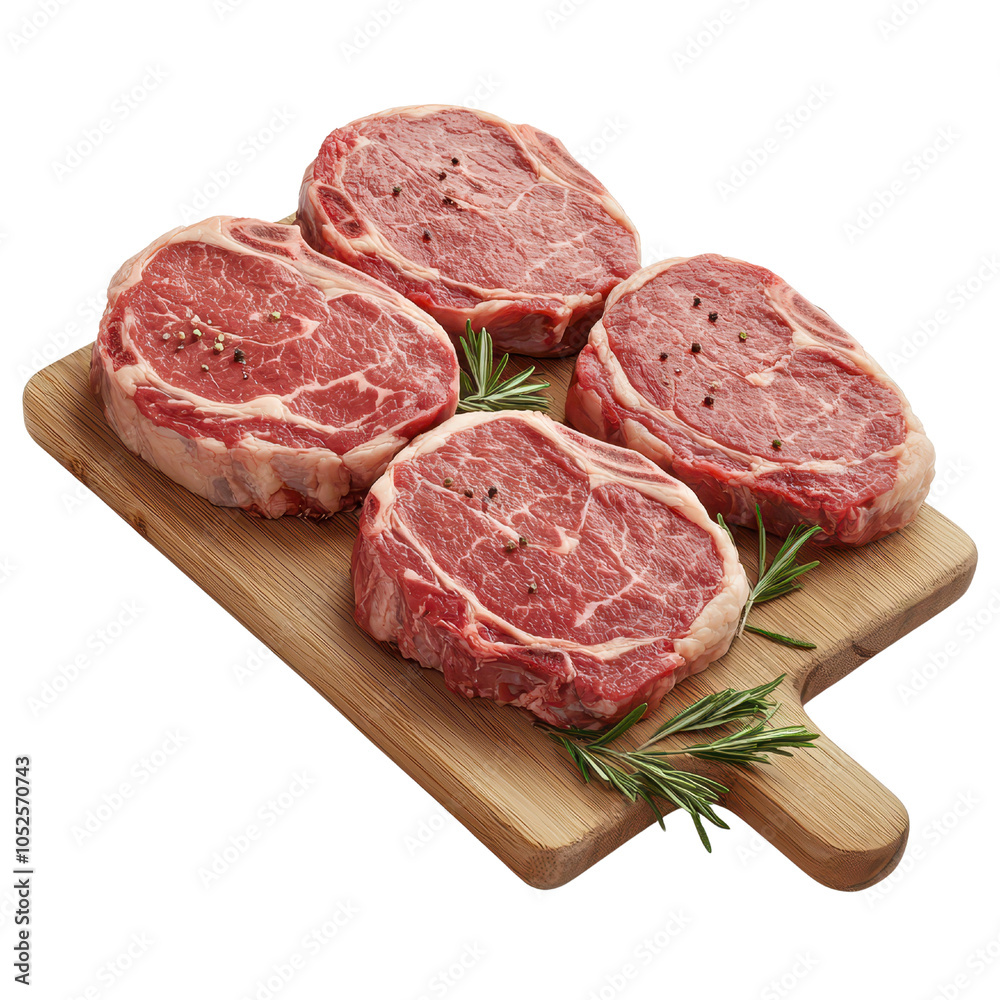 Raw ribeye steaks on a wooden cutting board with rosemary. transparent background. Raw ribeye steaks on a wooden cutting board with rosemary. transparent background.