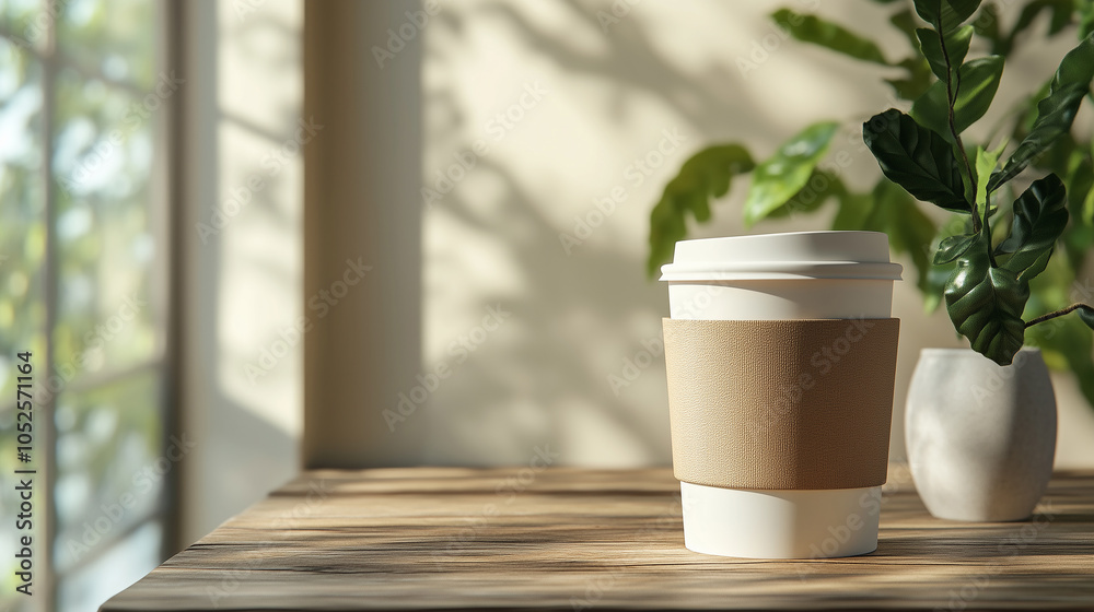 Simple white coffee mug on a rustic wooden surface with a warm, minimalistic background, creating a calm and cozy atmosphere.