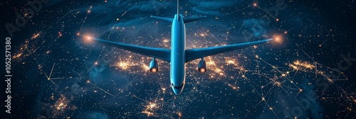 A jet is gracefully navigating a constellation of fairy lights against a darkened backdrop, capturing the awe and mystery of nocturnal travel in digital harmony.