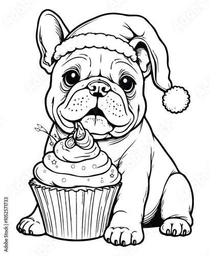 Coloring page a cute Bulldog tangled in Christmas cupcake on a white background