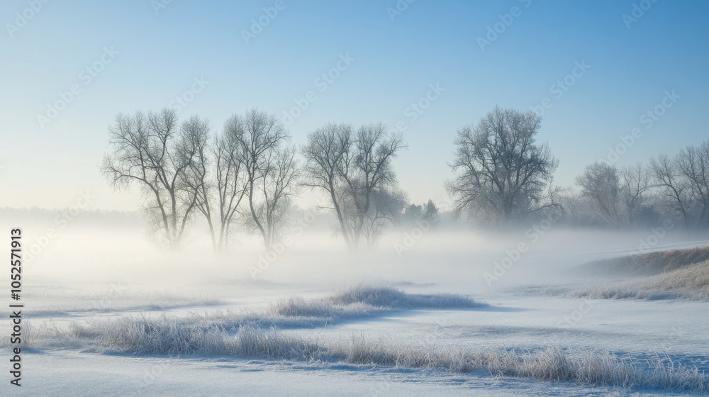 Foggy Winter Landscape with Bare Trees and Frost-Covered Grass Foggy Winter Landscape with Bare Trees and Frost-Covered Grass