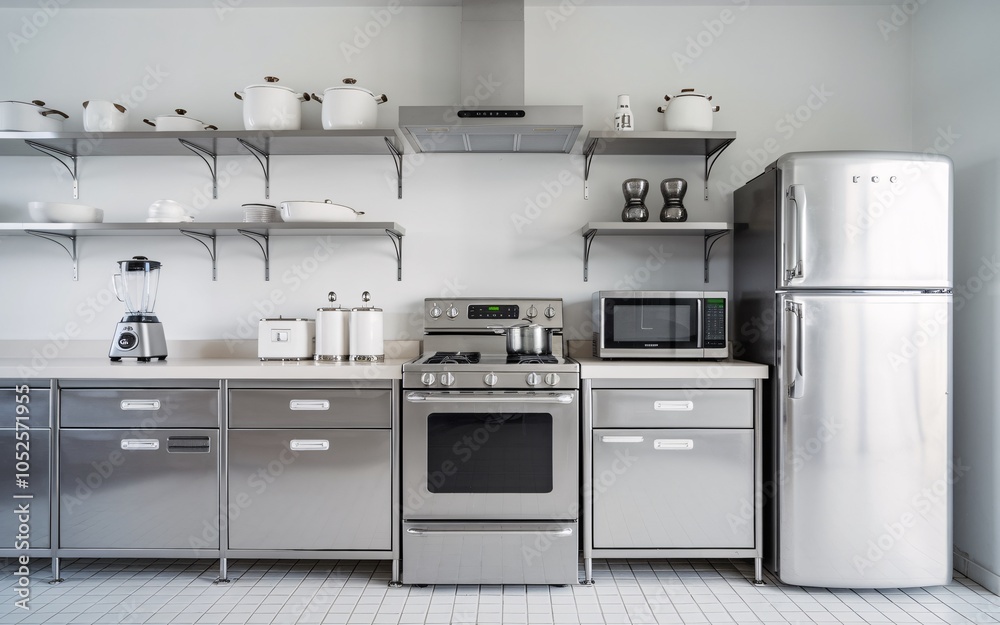 Fototapeta premium A modern kitchen with stainless steel appliances and white tiled floor.