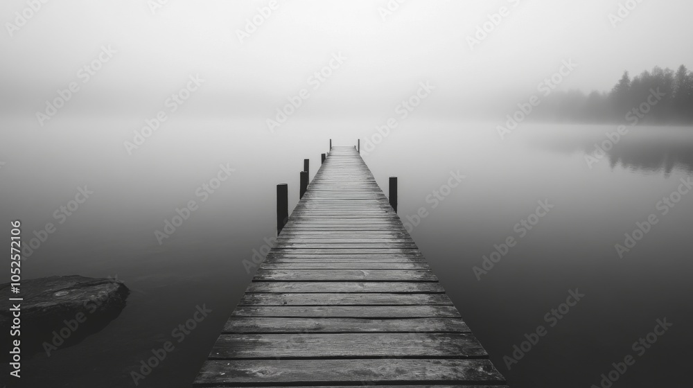 A Foggy Wooden Dock Extending into a Still Lake A Foggy Wooden Dock Extending into a Still Lake