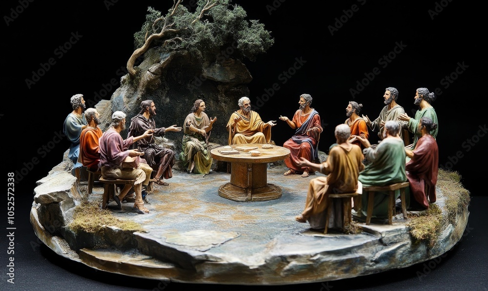A group of figures sitting around a table. A group of figures sitting around a table.