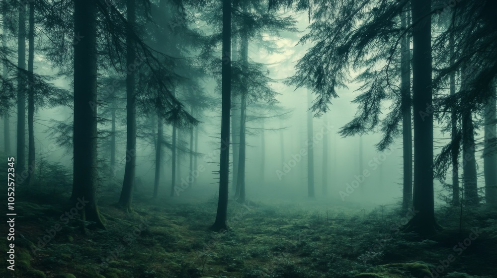 A Foggy Forest with Tall Trees and Lush Undergrowth A Foggy Forest with Tall Trees and Lush Undergrowth