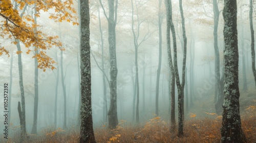 A Misty Forest with Tall Trees and Fallen Leaves