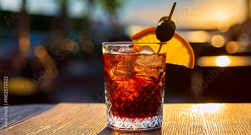 Vaso de vermut con rodaja de naranja y oliva en una mesa de madera y luz del Sol al fondo