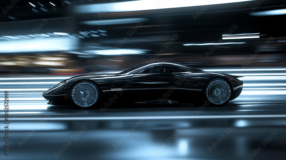 Fototapeta premium Speeding black car with silver accents moves through dark streets, motion blur reflecting its velocity-1
