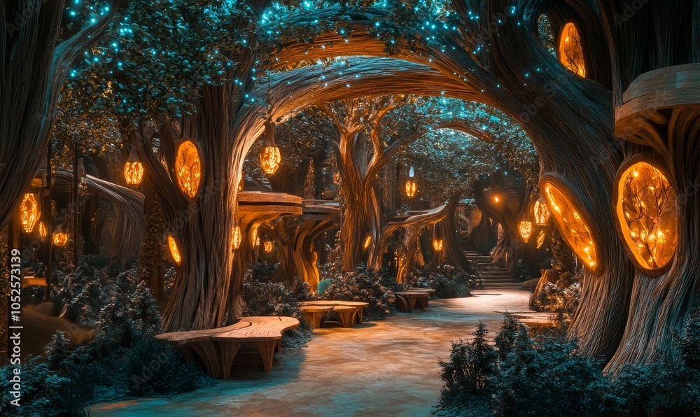 Fototapeta premium Magical glowing forest path with benches.