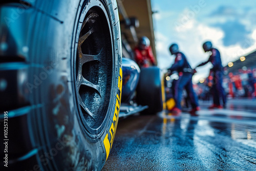Shot of a Formula 1 tire during a pit stop, with crew tools in the background, showcasing quick tire changes-1