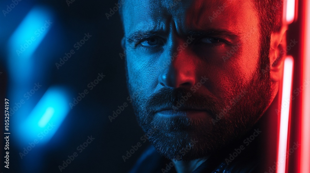 Closeup portrait of a man with a serious expression, illuminated by red and blue neon lights. Closeup portrait of a man with a serious expression, illuminated by red and blue neon lights.
