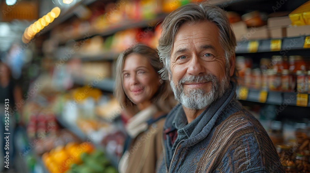 Mature Couple Shopping Together in a Cozy Gourmet Grocery Store Mature Couple Shopping Together in a Cozy Gourmet Grocery Store