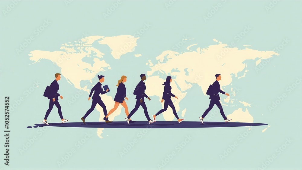 Obraz premium Different people walk across a world map, worldwide migration and flight due to economic reasons, crises, wars and environmental influences