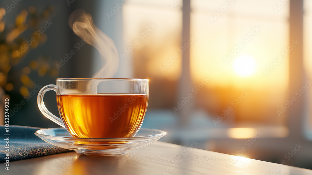 A cinematic close-up of a transparent glass tea cup filled with warm amber tea on a simple glass saucer, with a gentle wisp of vapor rising. The light highlights the warmth of the A cinematic close-up of a transparent glass tea cup filled with warm amber tea on a simple glass saucer, with a gentle wisp of vapor rising. The light highlights the warmth of the