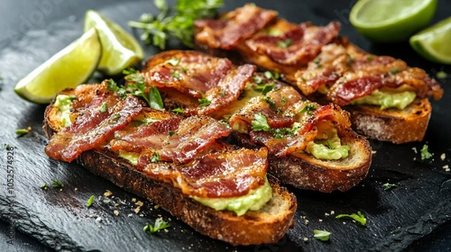 Avocado toast topped with crispy bacon, arranged on a charcoal slate plate, with fresh herbs, lime wedges, and a drizzle of olive oil