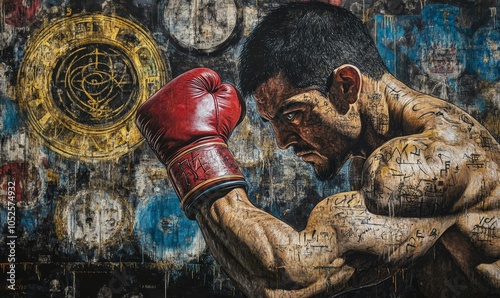A boxer with a red glove, painted on a wall.