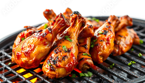 Grilled chicken wings on charcoal barbecue is American cuisine isolated with white highlights, png photo