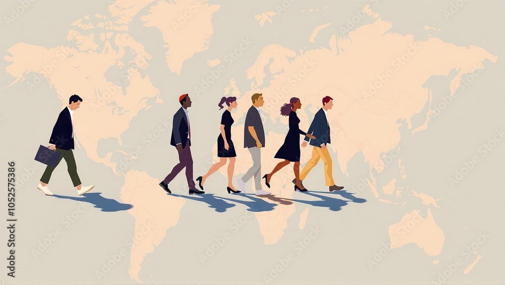 Obraz premium Different people walk across a world map, worldwide migration and flight due to economic reasons, crises, wars and environmental influences