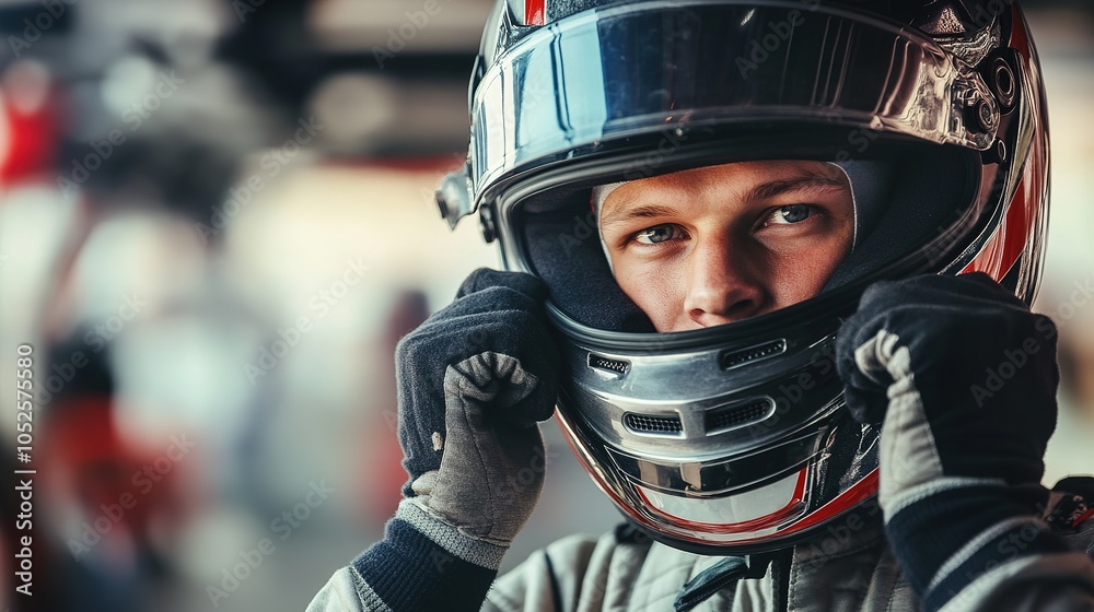 Professional race car driver adjusting his helmet strap, looking straight ahead with a determined expression, framed against a blurred background of the pit lane Professional race car driver adjusting his helmet strap, looking straight ahead with a determined expression, framed against a blurred background of the pit lane