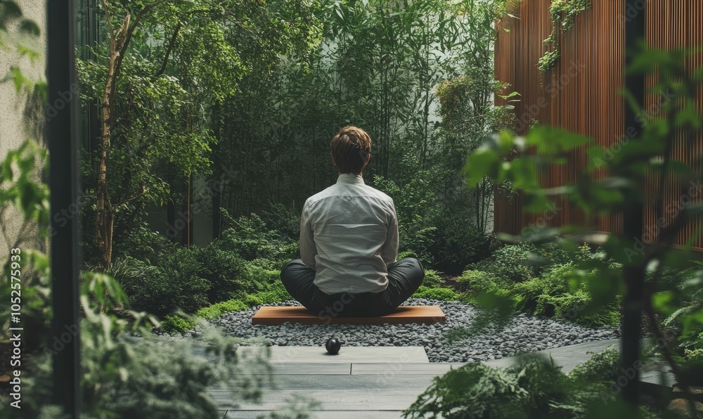A man meditates in a lush, green garden. A man meditates in a lush, green garden.