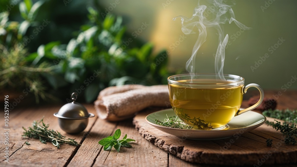 Steaming herbal tea in glass cup with fresh green leaves