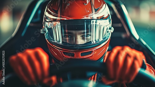 Intense portrait of a race car driver, helmet on, hands gripping the steering wheel inside the cockpit, ready for the race ahead