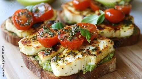 Avocado toast with grilled halloumi and za'atar, placed on a light wooden dish, garnished with cherry tomatoes and a drizzle of olive oil