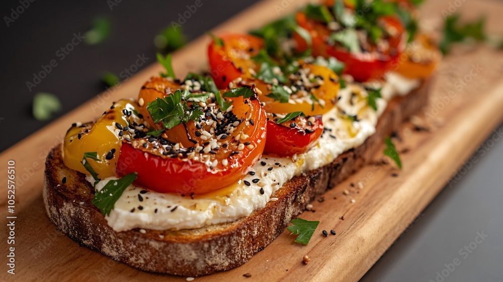 Avocado toast with ricotta and roasted bell peppers, isolated on a wooden cutting board, garnished with parsley and a sprinkle of black sesame seeds Avocado toast with ricotta and roasted bell peppers, isolated on a wooden cutting board, garnished with parsley and a sprinkle of black sesame seeds