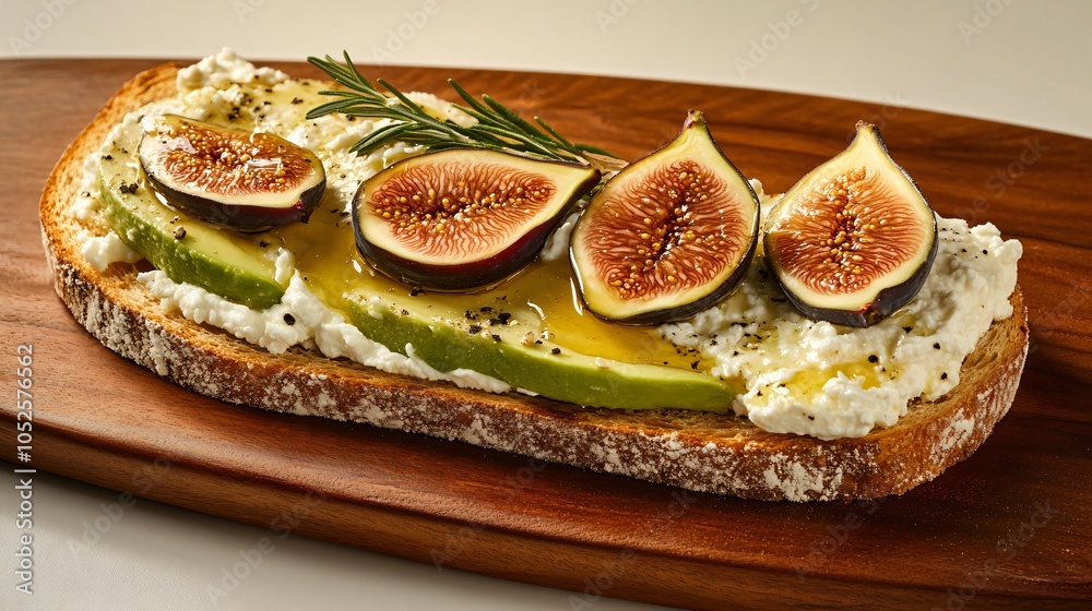 Avocado toast with ricotta cheese and figs, isolated on a wooden board, with a drizzle of honey and a garnish of rosemary on a neutral background Avocado toast with ricotta cheese and figs, isolated on a wooden board, with a drizzle of honey and a garnish of rosemary on a neutral background