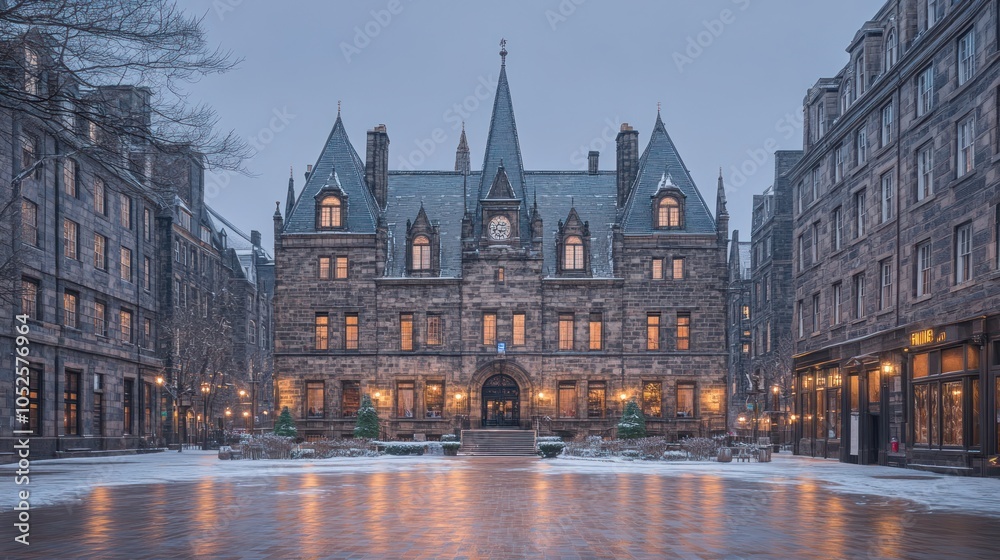 Fototapeta premium A grand, stone building with a clock tower stands in a snowy courtyard, lit by warm lamplight.