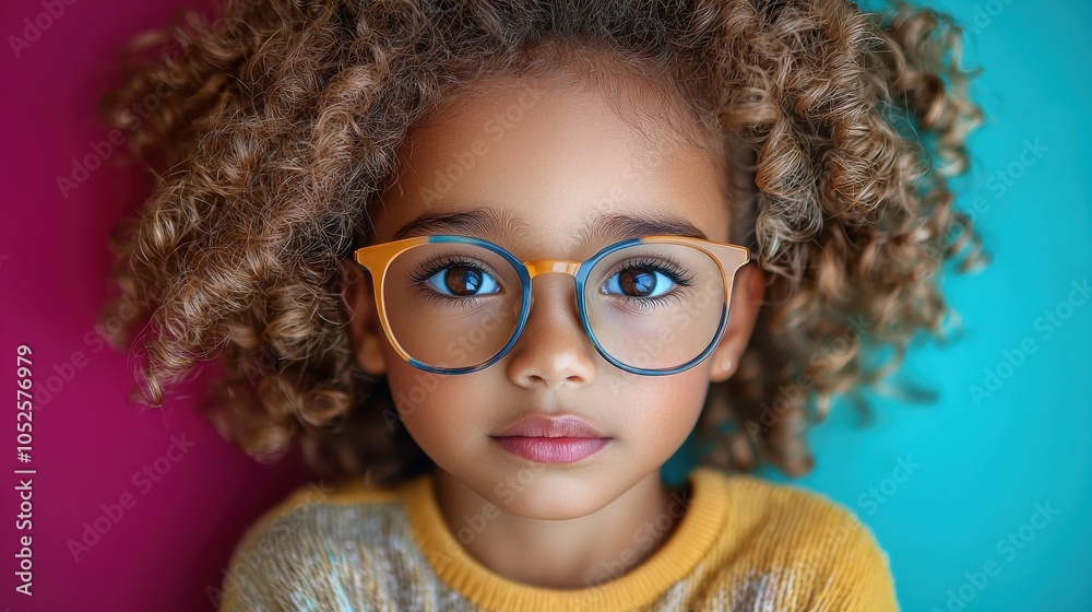 Young girl with curly hair and glasses poses against a colorful background, radiating curiosity and charm in bright lighting Young girl with curly hair and glasses poses against a colorful background, radiating curiosity and charm in bright lighting