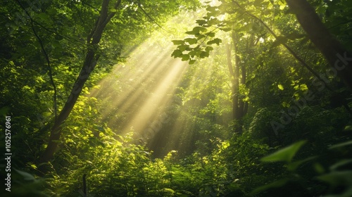 A lush green forest scene with dappled sunlight filtering through the leaves