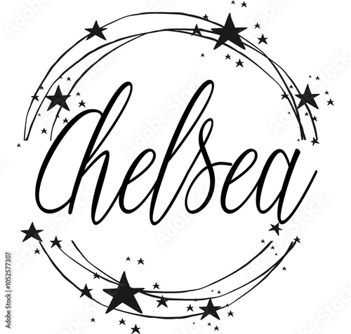 chelsea - name written between circles and stars, round logo, vector graphics for parties and Christmas period, banners, cards, sweatshirt, prints, cricut, silhouette, sublimation

