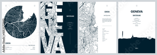 Set of travel posters with Geneva, detailed urban street plan city map, Silhouette city skyline, vector artwork