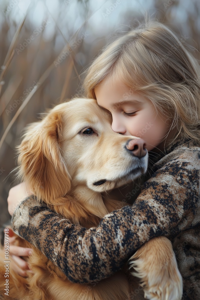 A little girl lovingly hugs a golden retriever, showcasing a bond of unconditional love and comfort in nature. A little girl lovingly hugs a golden retriever, showcasing a bond of unconditional love and comfort in nature.
