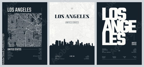Set of travel posters with Los Angeles, detailed urban street plan city map, Silhouette city skyline, vector artwork, set 2