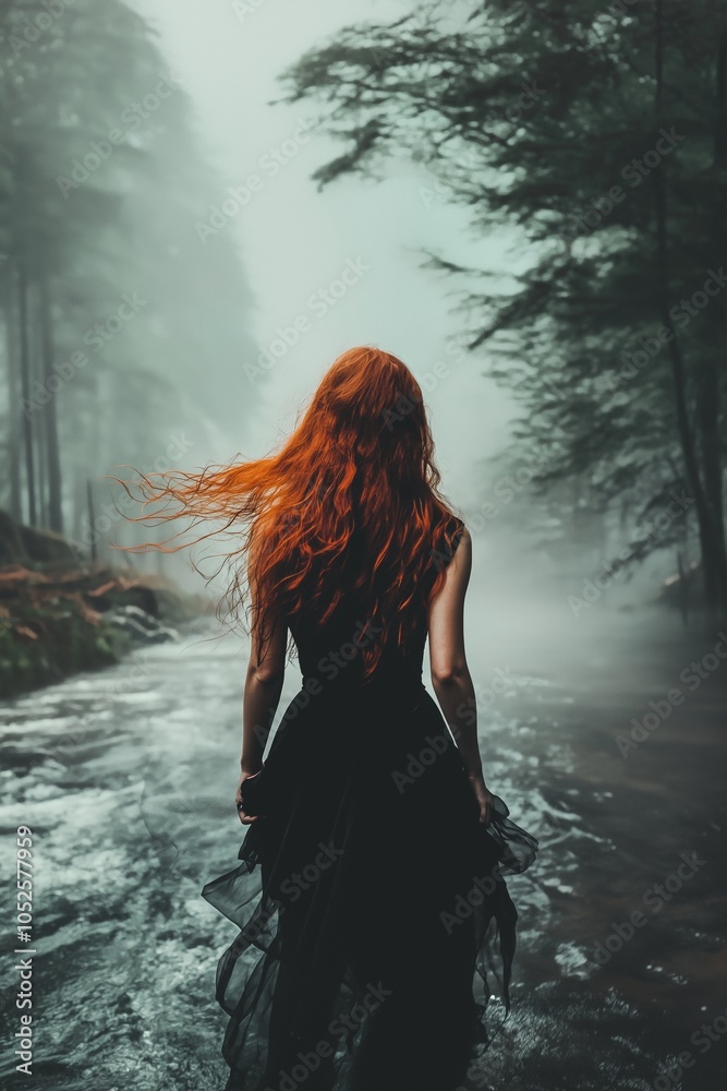 A mysterious woman with striking red hair stands in a dark forest, her ...