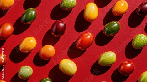 A flat lay of colorful tomatoes in a diagonal pattern on a red background.