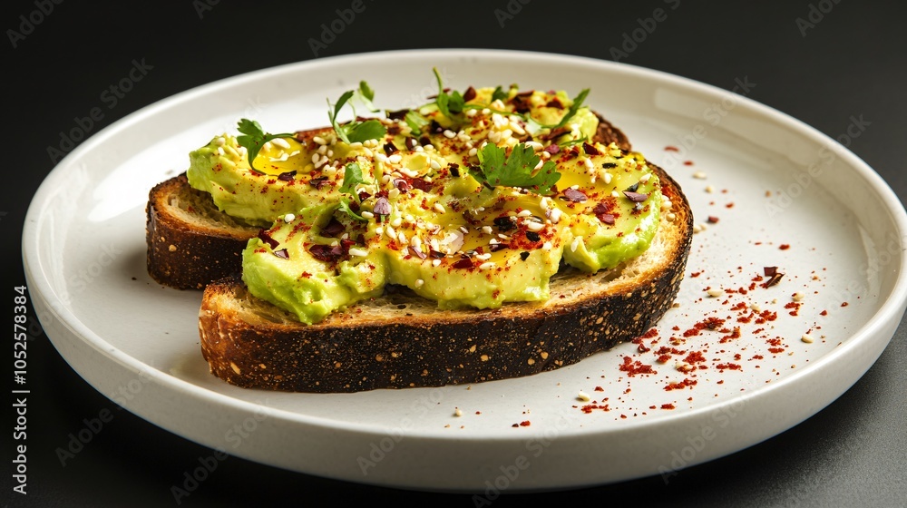 Classic avocado toast on sourdough bread, topped with chili flakes and olive oil, isolated on a white ceramic plate with a charcoal background and a sprinkle of sesame seeds Classic avocado toast on sourdough bread, topped with chili flakes and olive oil, isolated on a white ceramic plate with a charcoal background and a sprinkle of sesame seeds