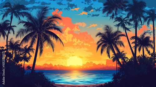 Peaceful Tropical Sunset and Palm Trees Over Calm Ocean Image