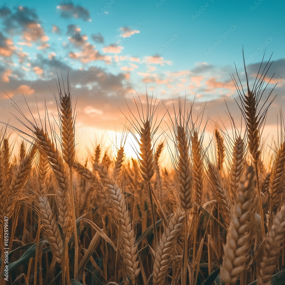 A picturesque field of wheat glows in the sunset, with the sky painted in hues of gold, blue, and orange. A picturesque field of wheat glows in the sunset, with the sky painted in hues of gold, blue, and orange.