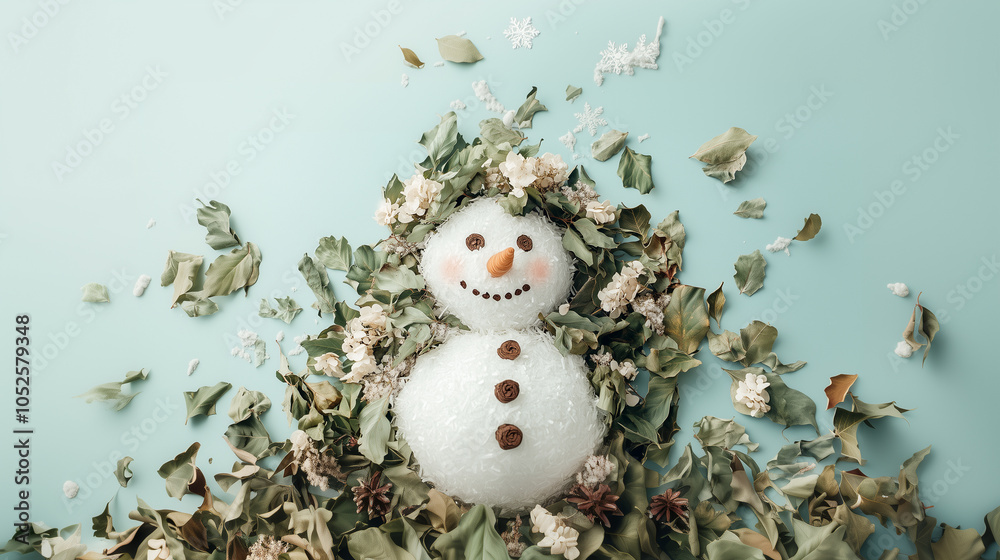 Obraz premium A cute little snowman made with leaves and branches as symbols of winter holidays. New year celebration. Christmas celebration concept.