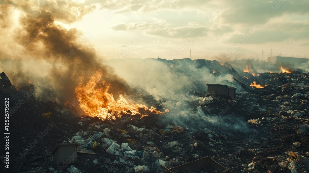 Fototapeta premium A Large Pile of Burning Trash With Smoke Rising Against a Cloudy Sky